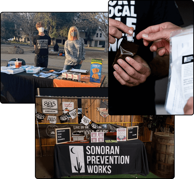A collage of three SPW images. In the first, two SPW staff are standing at a table at an event. In the second a person is handing a naloxone vial to another person. In the third, there is a table at an event with a black SPW cloth on it. On the table are SPW supplies.